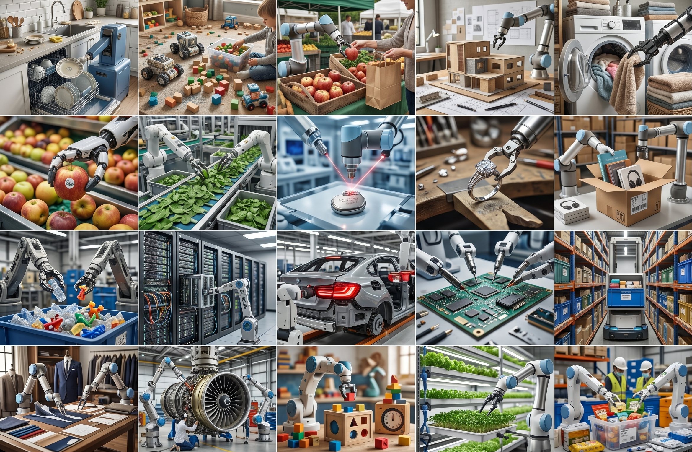 A grid of robots performing a wide variety of manipulation tasks across kitchens, homes, labs, and warehouses