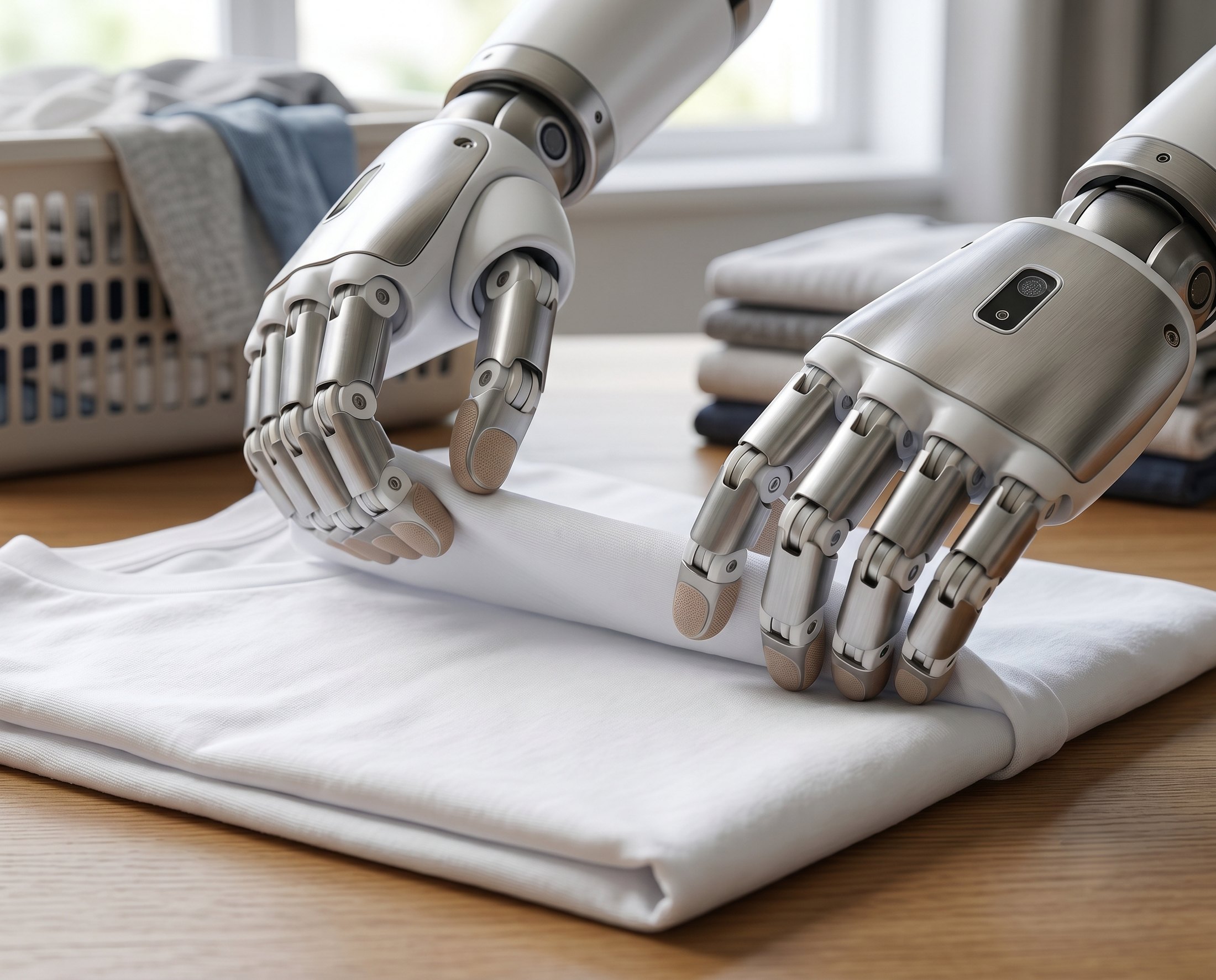 Two robot hands folding a white shirt on a table next to a laundry basket — a clear instruction-and-action pair