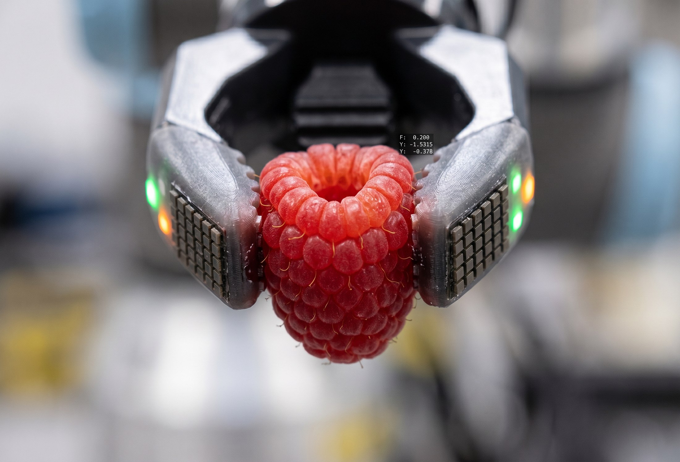 Close-up of a robot gripper with tactile sensor arrays gently holding a raspberry, a live force and position readout overlaid