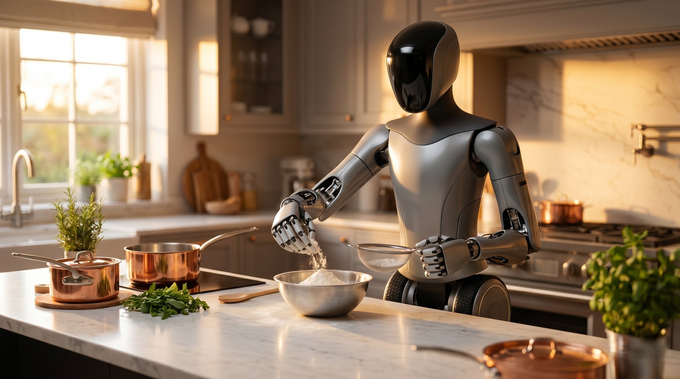 A humanoid robot working in a warm, sunlit kitchen, sifting flour during a multi-step cooking task
