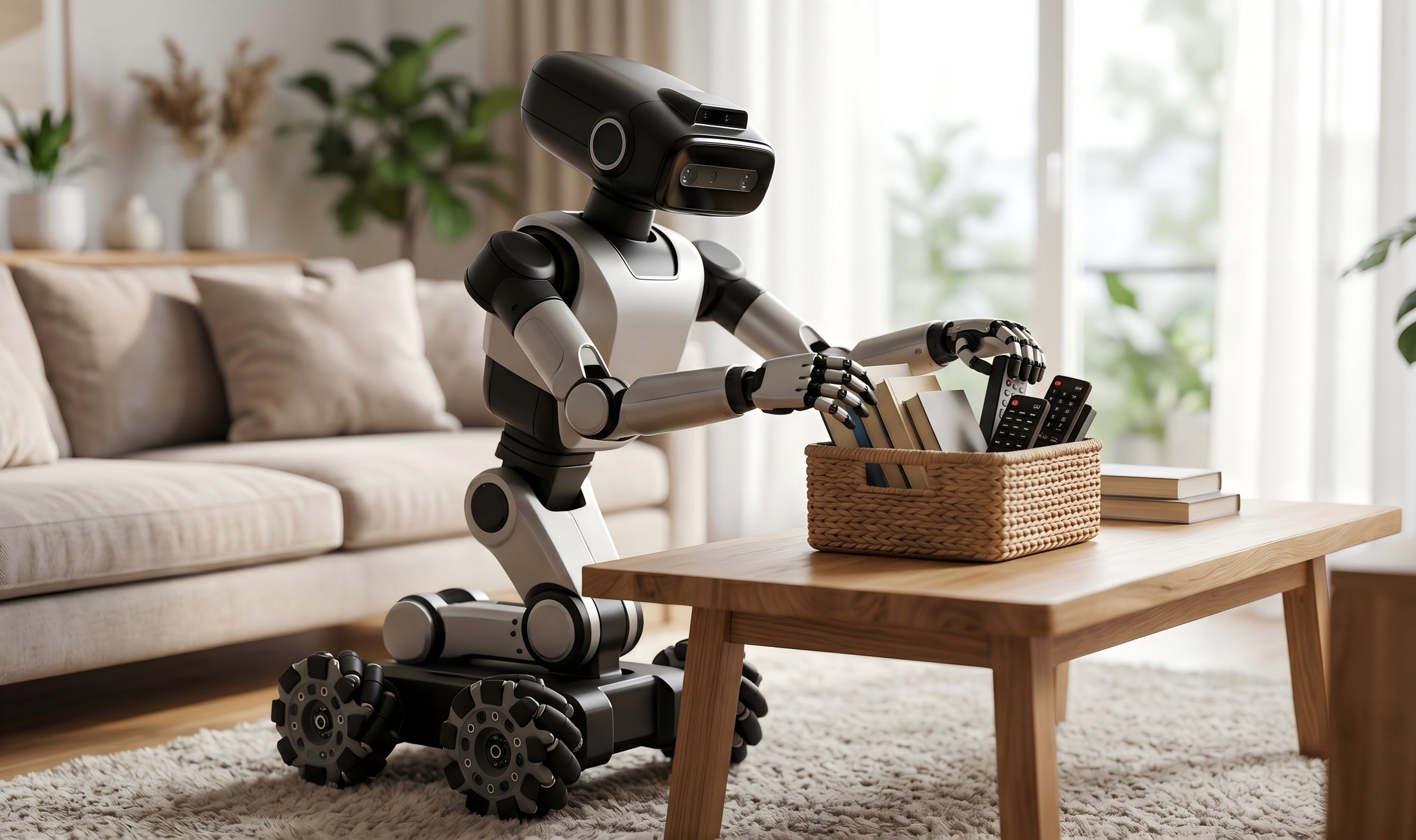 A mobile robot tidying books and remotes into a basket on a coffee table