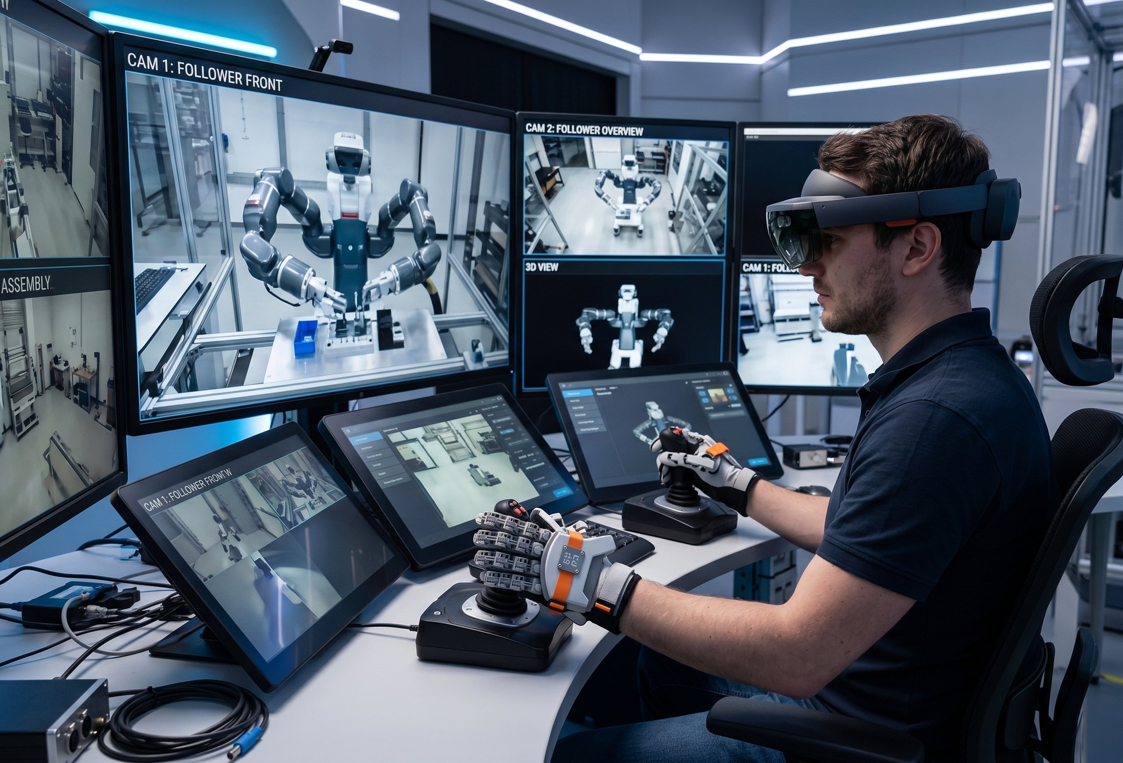 An operator wearing an AR headset and haptic gloves teleoperating a dual-arm robot, multiple camera-feed monitors showing the follower robot