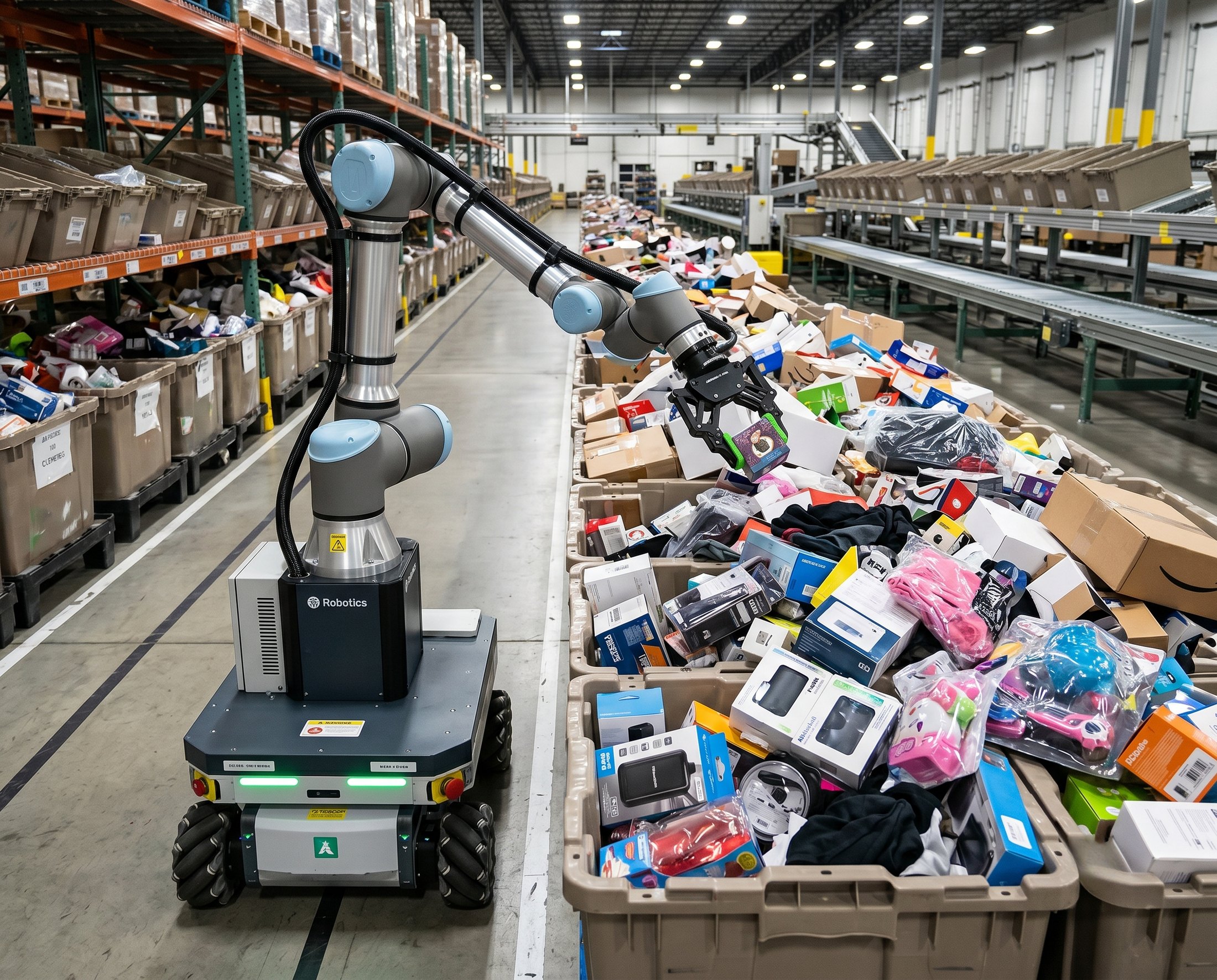 A mobile manipulator picking items from cluttered totes in a warehouse fulfillment aisle